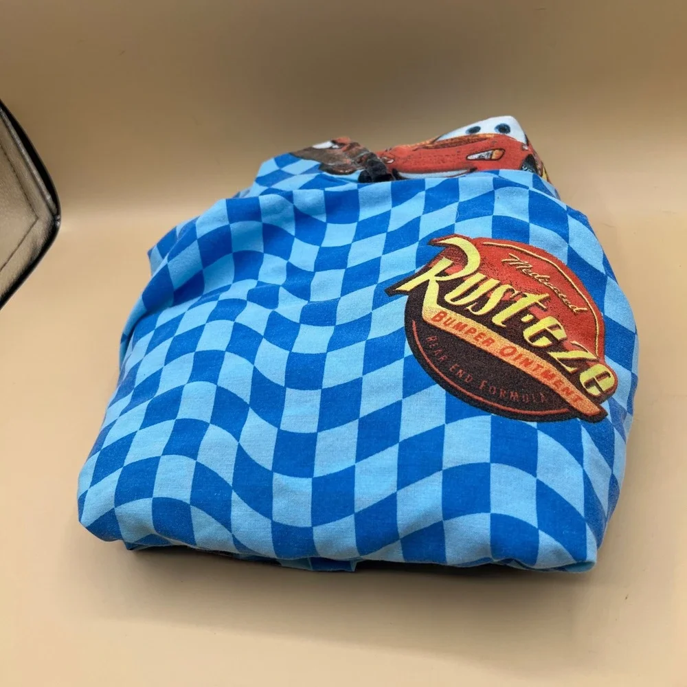 Disney Pixar Cars Lightning McQueen Mater Blue Checker Bed Sheet Set Kids twin